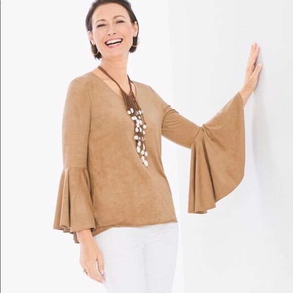 CHICO’S FAUX SUEDE FLARE SLEEVE TOP IN BURNT SUGAR CHICO’S SIZE 2 - Picture 9 of 9